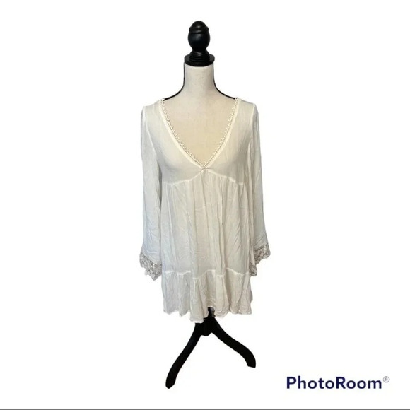 Kori America Boho Lace Trimmed Flowing Lightweight Dress Off White Small - Picture 1 of 7